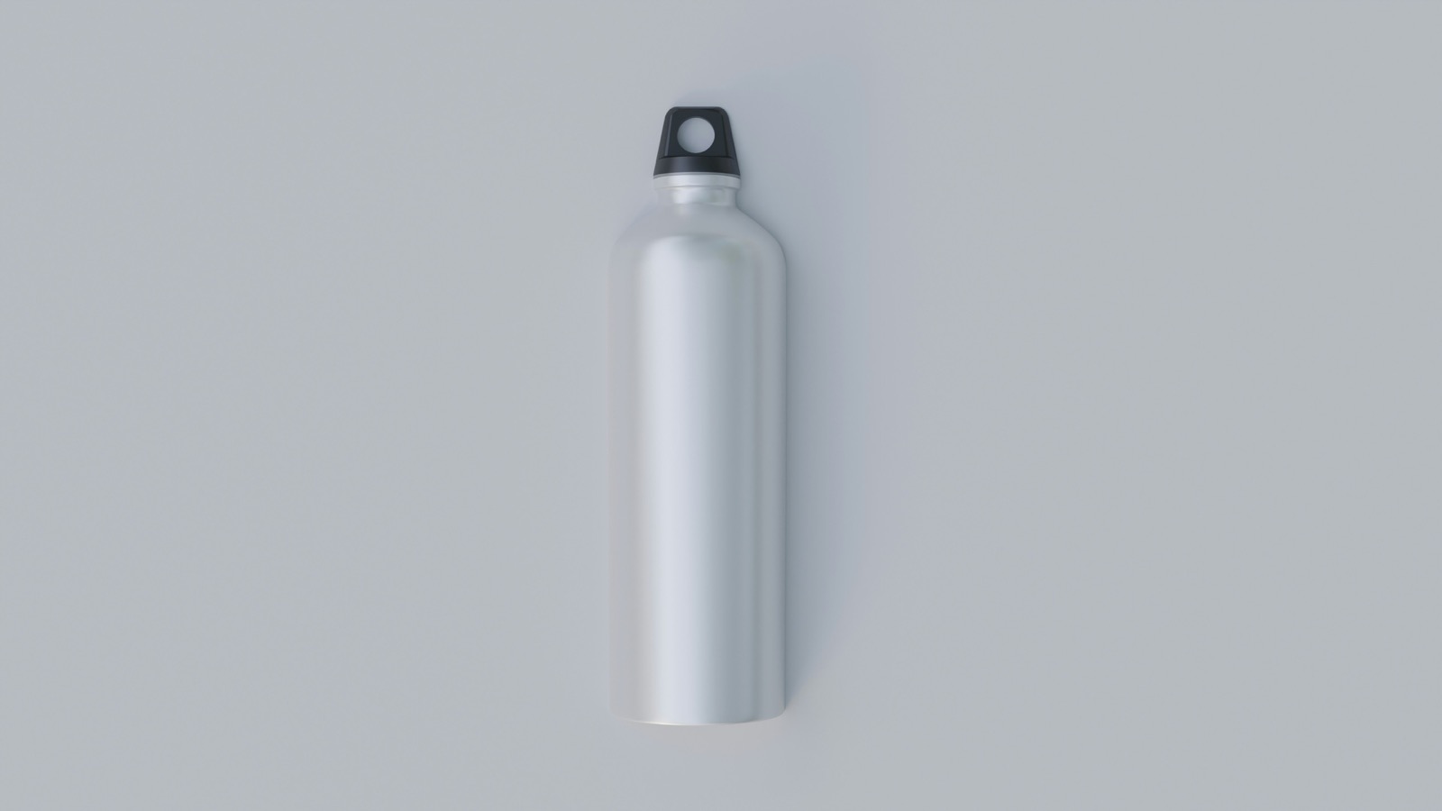 Silver reusable water bottle with a black screw cap
